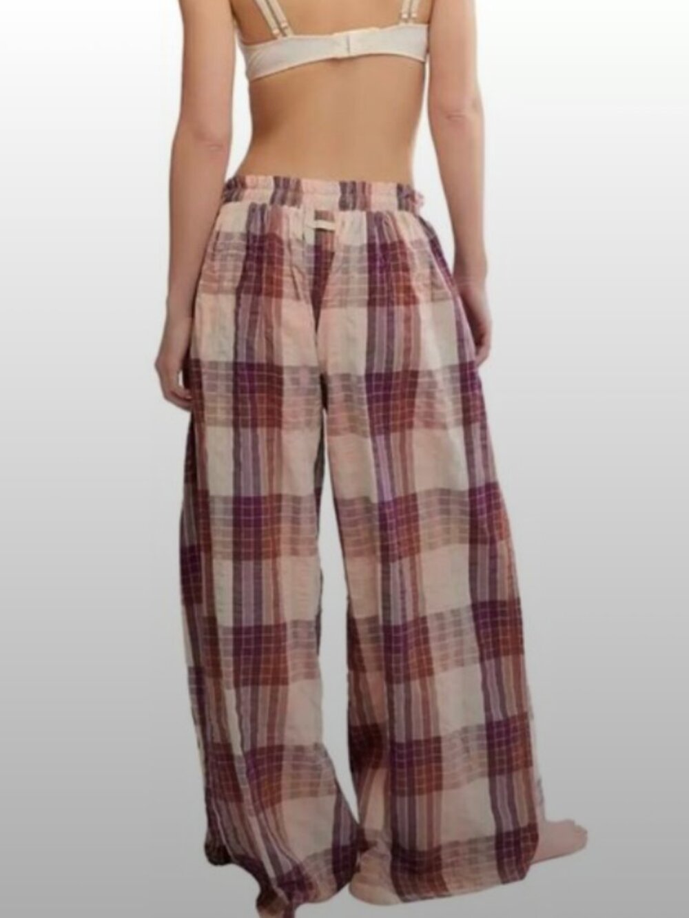 FREE PEOPLE Plaid Wide-Leg Lounge Pants in Mauve, Beige & Burgundy - Picture 4 of 6